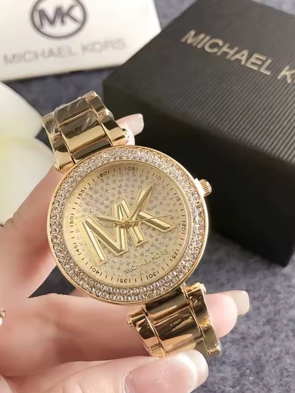 Michael Kors Gold Crystal MK Logo Bracelet Watch